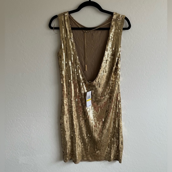 Michael Kors NWT Gold Sequin Mini Dress Open Back Size M - Picture 1 of 4